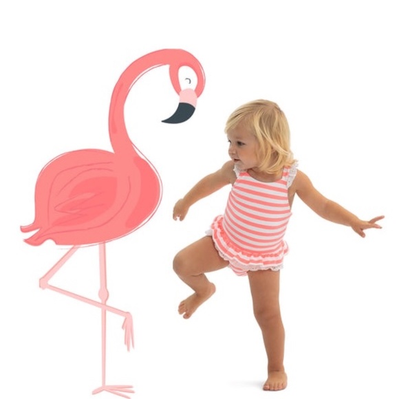 Sunuva Swimsuit, 12-18 months, eyelet ruffles, neon pink and white stripes, bow - Picture 1 of 3